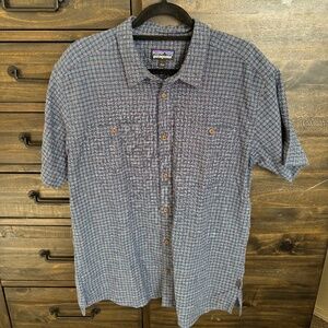 EUC Patagonia Back Step SS button-up Hemp Shirt, Men's sz L, Blue Plaid check